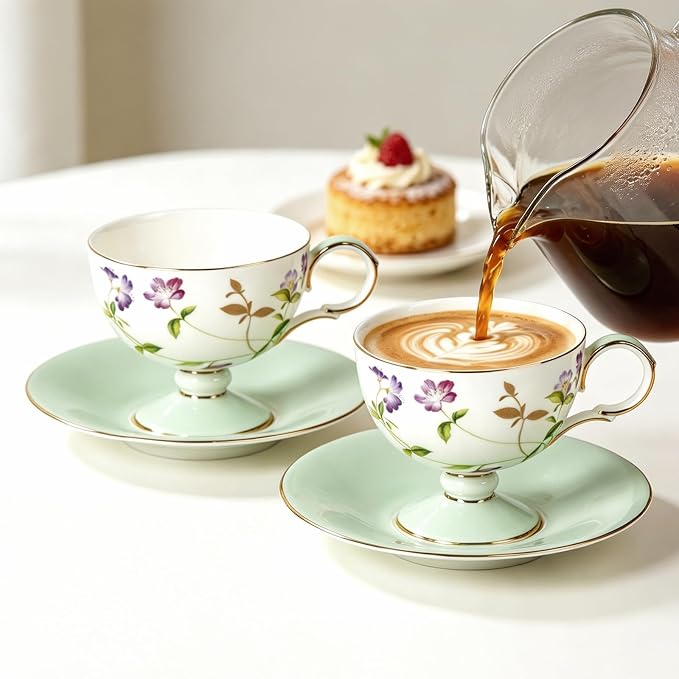 KAMMAK Ceramic Coffee Cups Saucers Set of 2, Porcelain Espresso Cup with Saucer, 8.45 oz Handmade Elegant Bone China Tea Cups, Ceramic Floral Pattern Demitasse Cup for Latte, Americano, Cappuccino
