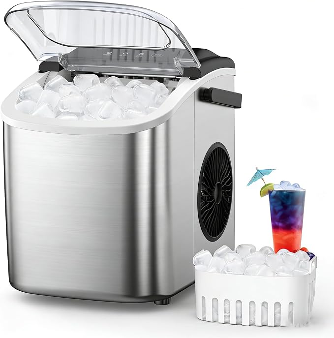 Electactic 9 Cubes Ready in 6-8 Mins Countertop Ice Maker, 26.5Lbs per Day Stainless Steel Portable Ice Maker, Ice Maker Machine with Carry Handle, for Home/Kitchen/Camping/RV (Silver)