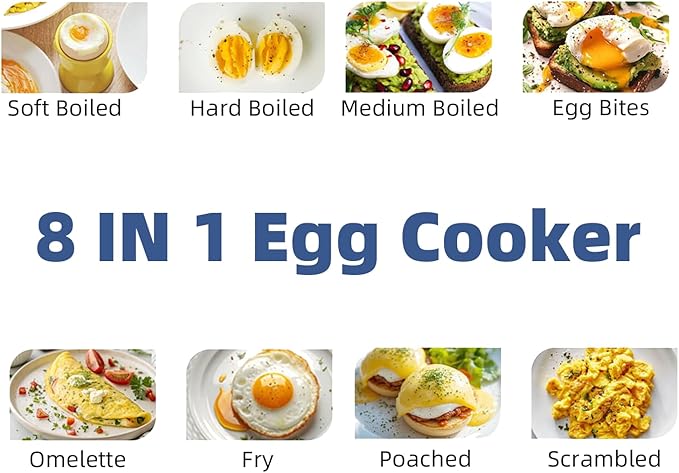 8-in-1 Electric Egg Cooker for Soft, Medium, Hard boiled eggs, Auto Shut-Off Compact Egg Bite Maker, Dishwasher Safe Rapid Egg Steamer for Poached & Scrambled Eggs, Omelets, Blue