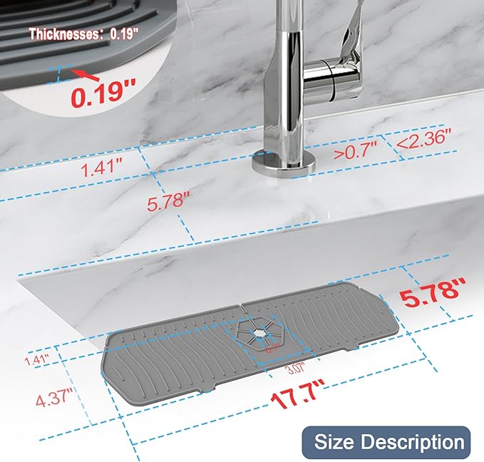 Sink Drain Mat Behind Faucet,Faucet Guard Draining Mat, 90° Foldable Tap Draining Mat for Kitchen Sink with 2 Water Ports, Faucet Drain Mats for Kitchen, Bathroom, etc (Gray, 17.7"*5.78")