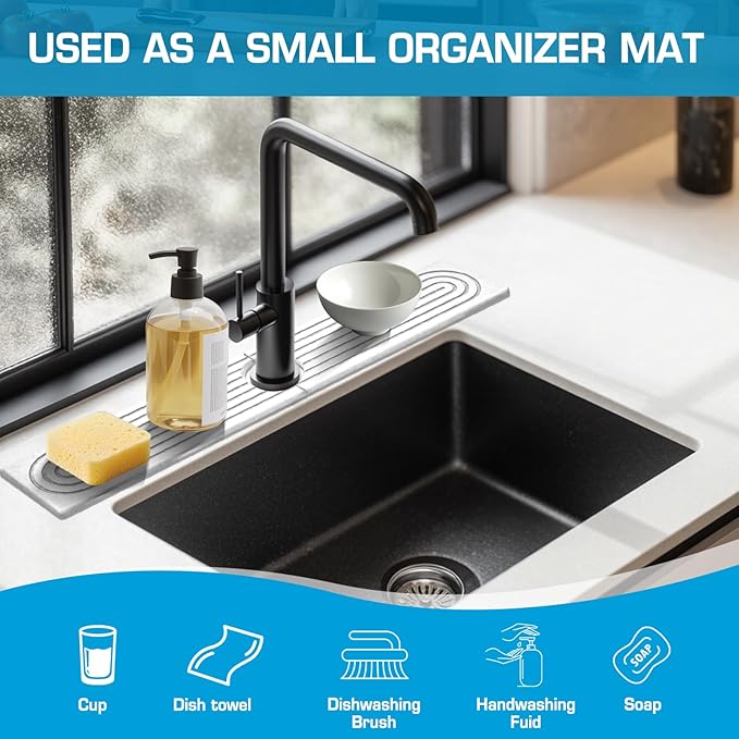 Faucet Mat for Kitchen Sink, Diatomite Quick Drying Tray, Long 23.6'' Kitchen Sink Splash Guard and Bathroom Stone Tray for Counter. Super Absorben. (White-Rectangle, 23.6" x 4")