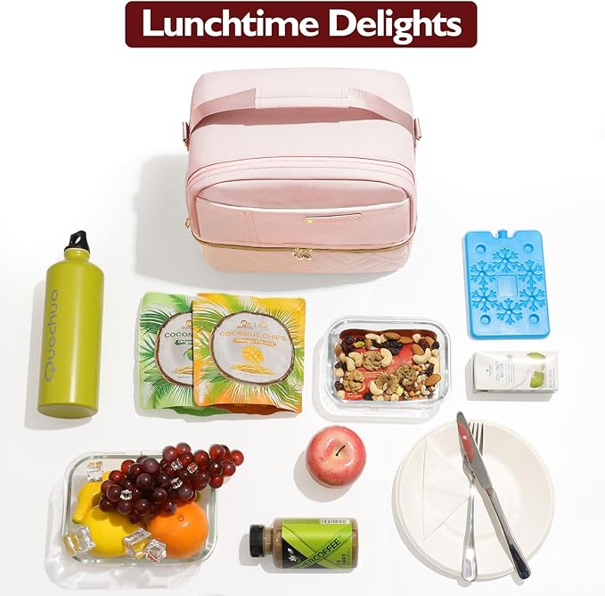 Double Deck Lunch Box Bag Women - Vegan Leather Insulated Waterproof Leakproof Cooler for Work Travel Picnics - Teacher Mothers Day Christmas Birthday Gifts
