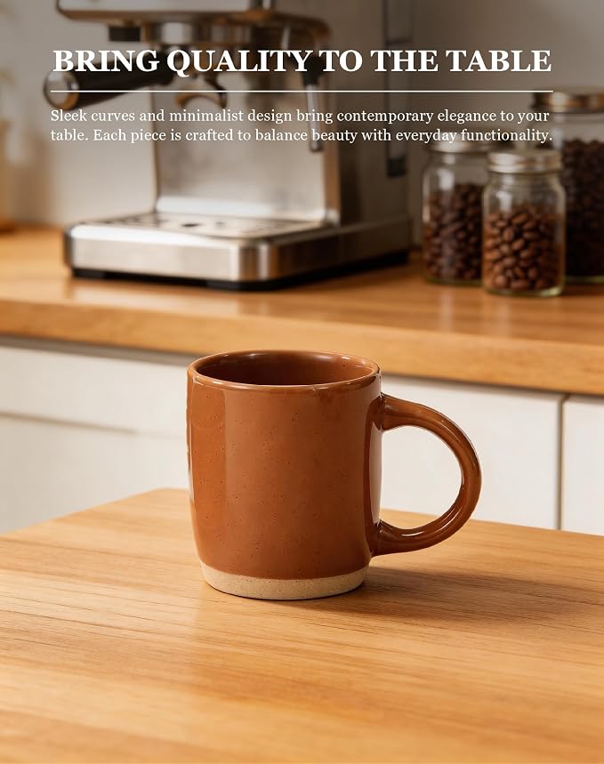 OTAGO Coffee Mugs for 4, 12 oz Mug Set, Partially Unglazed Base,Dringking Cup with Handle for Coffee, Tea, Cocoa, Milk, Brown