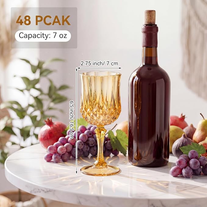 Sliner 48 Pcs 7oz Plastic Vintage Wine Glasses Drinking Goblets Unbreakable Crystal Water Glassware Reusable Diamond Champagne Flutes Cups for Wedding Banquet Birthday Party Supplies (Gold)