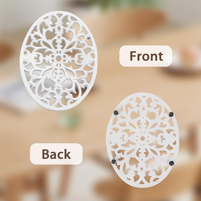 Sumnacon 2 Pcs Oval Cast Iron Trivet - Antique Heat Resistant Metal Trivet for Hot Dish Pot Pan Teapot, Vintage Well Made Hot Plate Pad for Kitchen Dining Countertop Table,White
