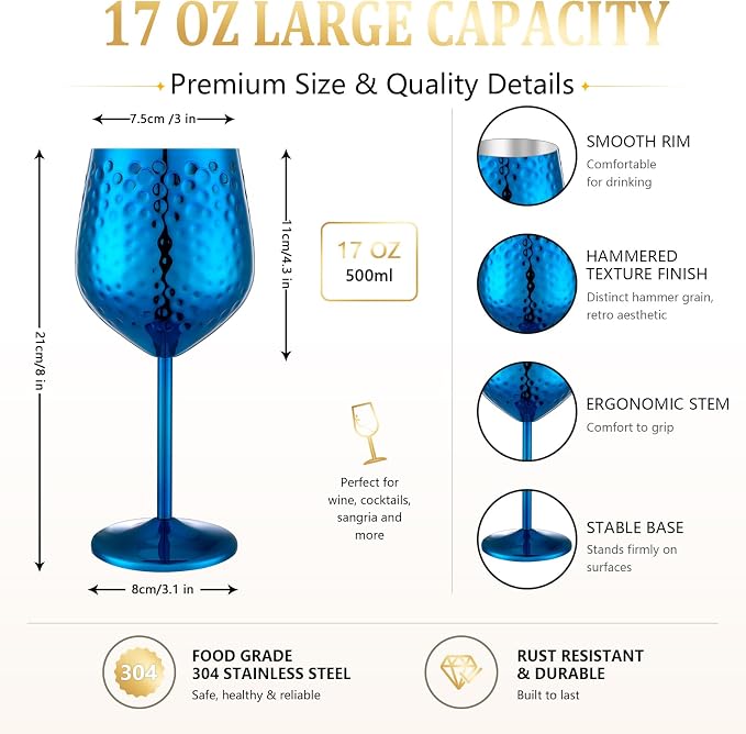 UNISWEET Stainless Steel Wine Glasses Set of 4 Unbreakable (Blue) | 17 oz Large-capacity Hammered Goblets, Lightweight & Reusable, Good for Outdoor, Camping, Pool Travel, Gift for Wine Lovers