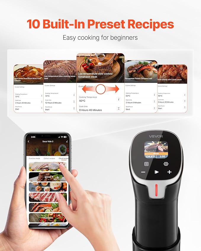 VEVOR Sous Vide Precision Cooker, 1100W Sous-Vide Cooking Machine, WIFI Immersion Circulator with 10 Preset Recipes, LCD Touchscreen, Fast-Heating, Accurate Temperature & Timer, App Control