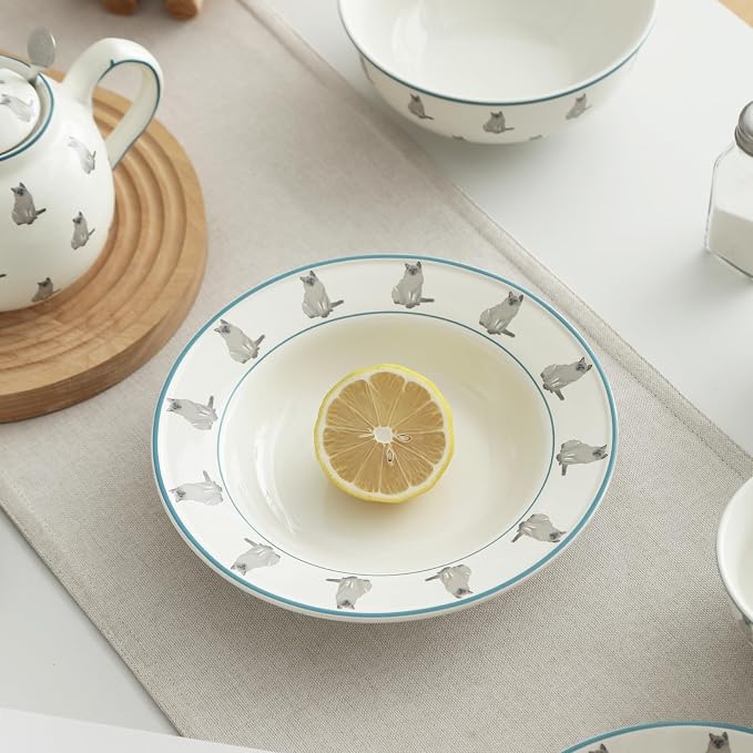 London Pottery Ceramic Dinner Round Plates, 8"Plates, Serving Dishes, Microwave Oven Dishwasher Safe, Kitchen Porcelain Dish, Christmas Housewarming Gift (Cat, Salad Plate，8‘’)