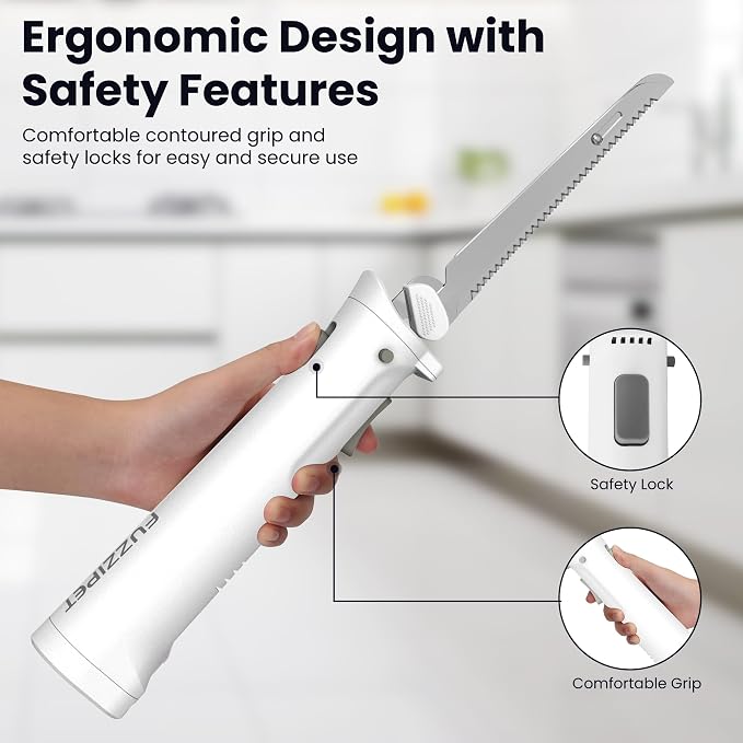 Cordless Electric Knife, Electric Bread Knife with 4 Stainless Steel Blades, Electric Cutting Knife for Cutting Meats, Poultry, Bread, Cheese & More (White)