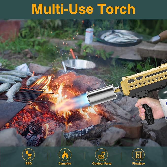 Sondiko Powerful Cooking Propane Torch Gun, Culinary Torch Campfire Starter, Adjustable Weed Torch Burner for Searing Steak, BBQ, Welding (Gold & Black) Propane Tank Not Included