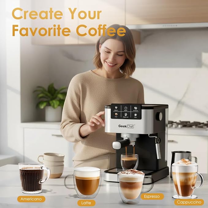 Geek Chef Espresso Machine with Milk Frother, 20 Bar Automatic Espresso Maker, Fast Heating Coffee Maker for Cappuccino, Latte & Iced Coffee, Easy to Use & Clean, for Home Barista