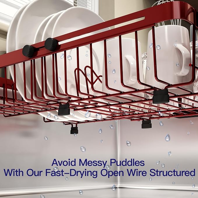 MAJALiS Red Dish Drying Rack Over The Sink with Utensil Holder | Expandable Stainless Steel Dish Drainer for Small Kitchen, Apartment, RV, Counter Space Saving, Perfect Fit, Rustproof