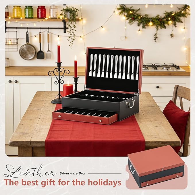 DoubleFill 2 Layer Leather Silverware Storage Box with Lid and Handles, Anti Tarnish Silverware Storage Chest Case with Felt-lined for 12-16 or More Sets of Utensils Flatware Gifts, 15.3x11.2x5.7 Inch