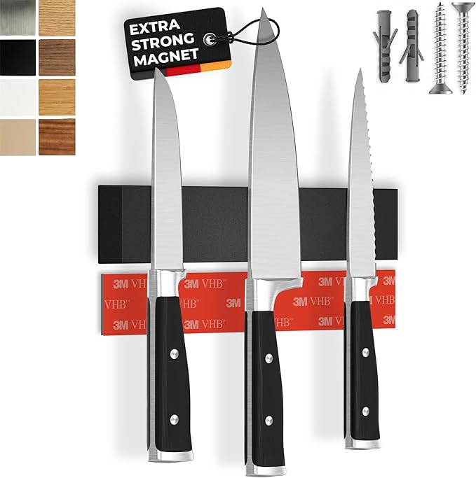 CUCINO Magnetic Knife Holder for Wall 10" No Drilling incl. Self Adhesive Tape - Extra strong Knife Holder - Awarded Knife Magnetic Strip - Made of Stainless Steel - black
