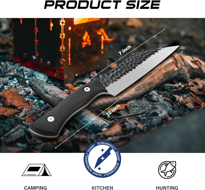 FINTISO Chef Knife 7 inch Kitchen Knife Japanese Style Boning Knife for Meat Cutting Sharp Viking Knife with Full Tang G10 Handle Butcher Knife for Home, Camping, BBQ