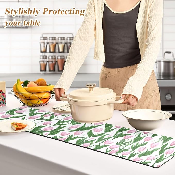 2 in 1 Table Runner Trivet for Hot Pots and Pans Heat Resistant Non Slip Waterproof 39 x 12 Inch Decorative Table Protector for Kitchen Countertop Small Tulips Pink