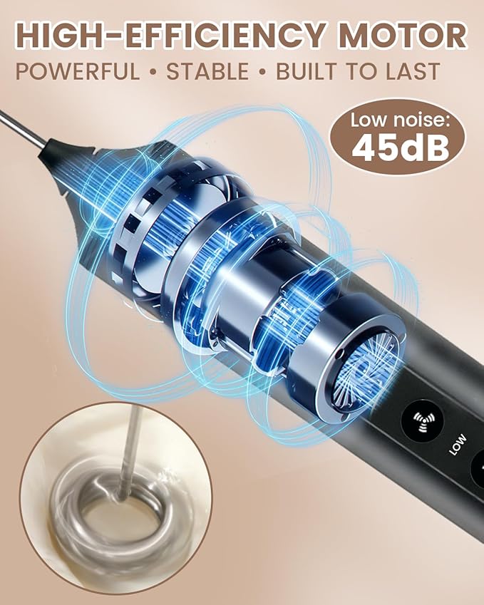 Electric Handheld Milk Frother Wand Rechargeable, 3-Speed Preventing Splashing Drink Mixer with Stand, 10-Second Frothing for Coffee, Matcha, Latte, Cappuccino, and Protein Shakes, Black