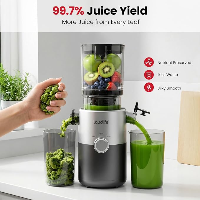 LAUDLIFE Cold Press Juicer Machines, 5.4" Wide Chute Slow Masticating Juicer, 35db Quiet Operation, Easy to Clean, Kale/Spinach Friendly, BPA Free, Juicer Extractor for Whole Fruits & Vegetables