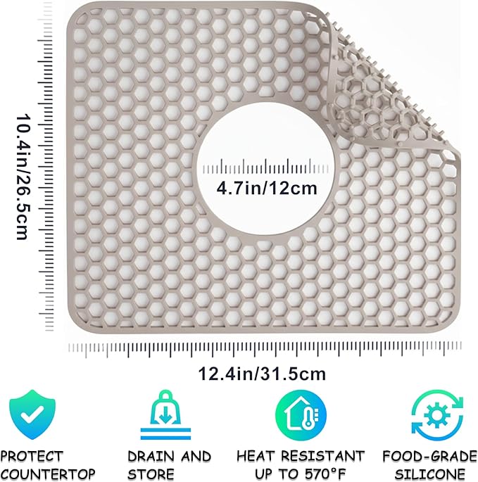 Silicone Sink Protectors for Kitchen - Non-Slip Heat Resistant Grid Mat for Farmhouse Porcelain Stainless Steel, Protects & Cushions Your Sink(Gray 1PCS, 12.4"x10.4" Center Drain)