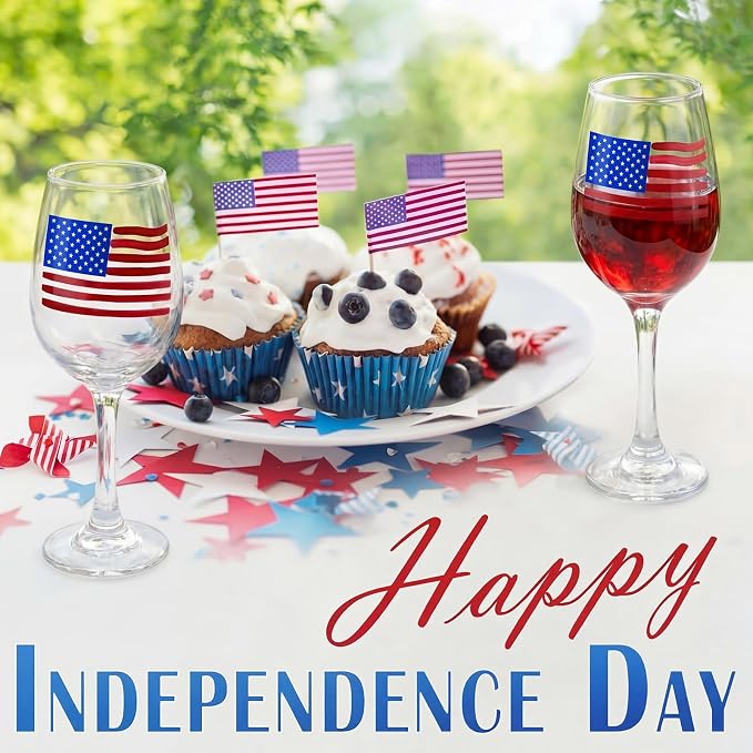 SiliFine 4 Pcs 4th of July Patriotic Party Stemmed Wine Glasses Hand Painted American Flag Drinking Cup Wine Glasses Gifts for Independence Day Theme Holiday Party Supplies
