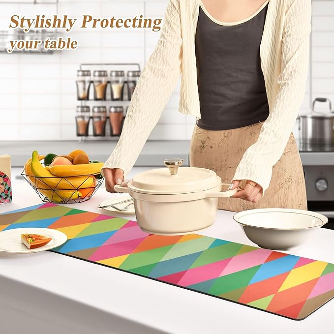 2 in 1 Table Runner Trivet for Hot Pots and Pans Heat Resistant Non Slip Waterproof 39 x 12 Inch Decorative Table Protector for Kitchen Countertop Pink Green Argyle