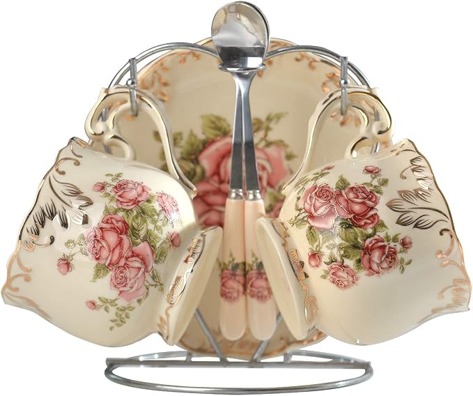 YOLIFE Tea Cup and Saucer Set of 2, 8 oz Vintage Ivory Porcelain Tea Cups Set with Stand, Teacup Saucer Set - Pink Rose with Gold Leaves