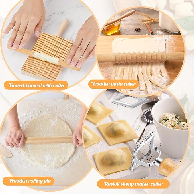 Tioncy 7 Pcs Pasta Making Tool Set Kitchen Gift for Mom, Wood Gnocchi Board with Ravioli Stamp Ravioli Maker Rolling Pin Gnocchi Garganelli Ltalian Pasta Tools for Beginners Mother's Day Home Cooks
