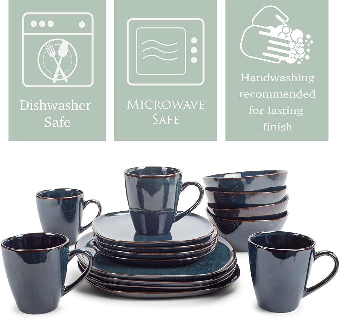 Elanze Designs 16-Piece Modern Luxury Chic Smooth Vintage Handmade Shape High Gloss Ceramic Stoneware Square Plate Mug & Bowl Kitchen Dinnerware 16 Piece Set - Service for 4, Navy Blue