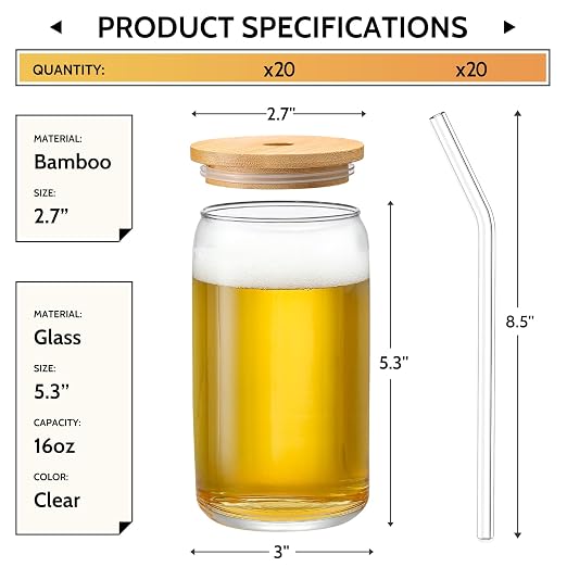 VITEVER [ 20pcs Set ] Glass Cups with Bamboo Lids and Glass Straw - Beer Shaped 16 oz Iced Coffee Drinking Glasses, Cute Tumbler Cup for Smoothie, Boba Tea, Whiskey, Water