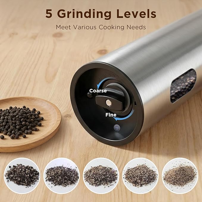 Newise Electric Salt and Pepper Grinder Set - Charging Base, Automatic Rechargeable Pepper Mill with Adjustable Coarseness, LED Lights, Large Capacity, Kitchen Appliance for Mom Wife