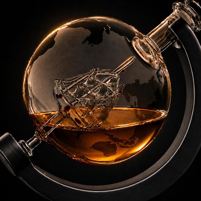 GENUINED 30oz Globe Whiskey Decanter Sets with 11oz Charred Wooden Whiskey Glass(2), Gifts for Men