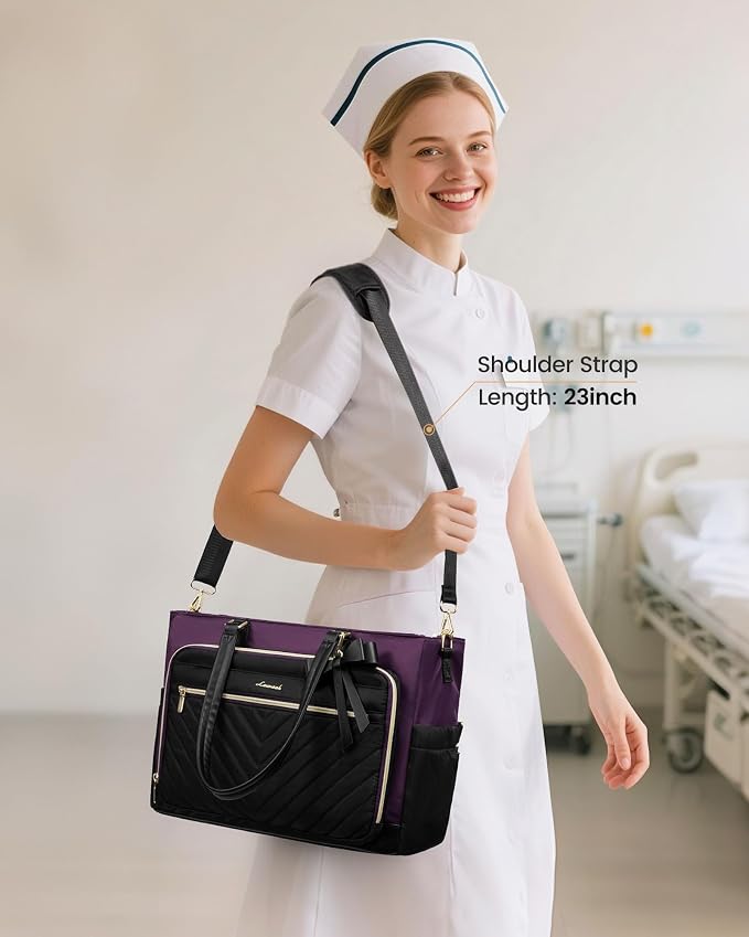LOVEVOOK Lunch Tote Bag, Large Capacity Insulated Lunch Tote with Compartment, Computer Bag with Purse for Work, Nurse, Business, Black-Purple 15.6 Inch