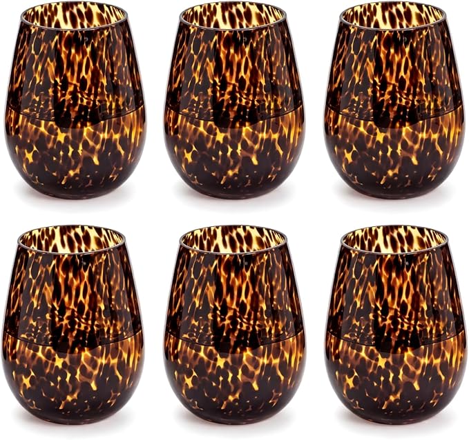 Honeydak Set of 6 Tortoise Leopard Print Brown 16oz Rocks Glasses Stylish Stemless Cocktail Cups Glass Glassware Tumbler Ideal for Gin, Tequila, Vodka, Soft Drinks