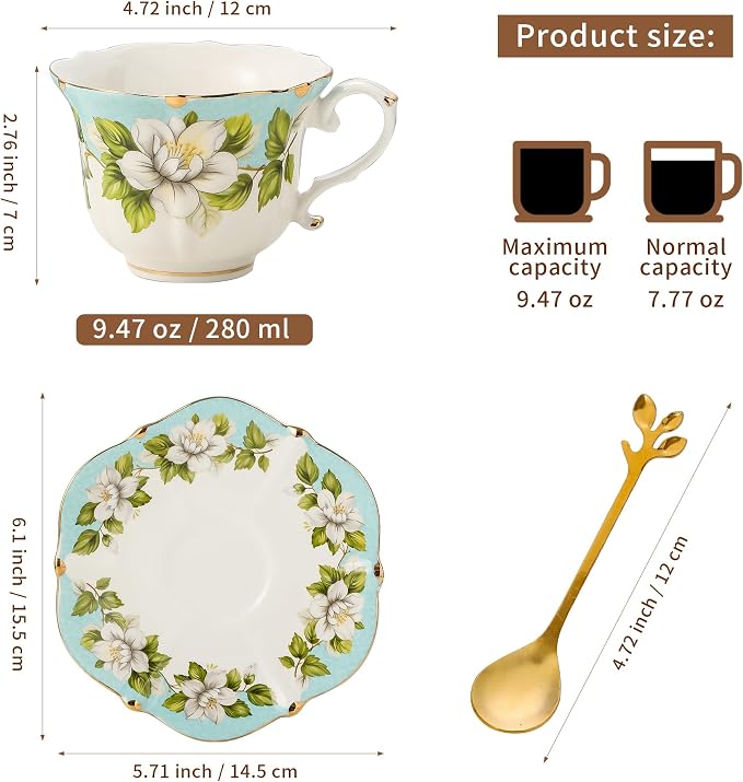 TATSUMI Country Roses Bone China Tea Cup and Saucer Set, 3 Pieces, Vintage Style, For Women and Tea Parties(Light Green, 1 set)