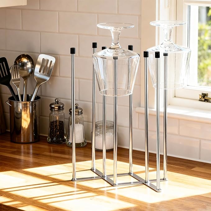 2 Pcs Foldable Bottle Drying Rack Stainless Steel Plastic Bag Drying Racks with Silicone Caps 8 Poles Space-Saving Countertop Organizer Dryer Rack for Cup Water Bottles Dish Plate Bag