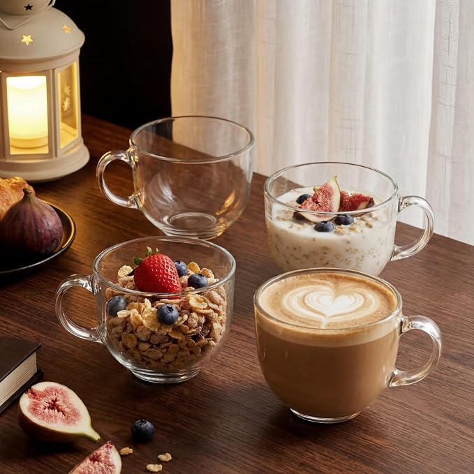 12 Pack Glass Coffee Mugs with Handles, 12 Ounces Glass Breakfast Mugs Bulk, Clear Tea Cups for Hot/cold Drinks, Glassware Set for Americano, Latte, Cappuccino(Simple)