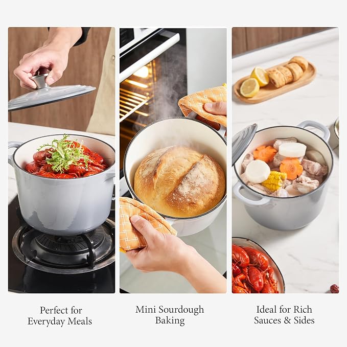 2.6 QT Small Enameled Cast Iron Dutch Oven with Lid, Gradient Grey - Mini Heavy Duty Braiser Pot for Bread Baking, Sauces & Side Dishes, Induction Compatible, Oven Safe 500°F for Singles