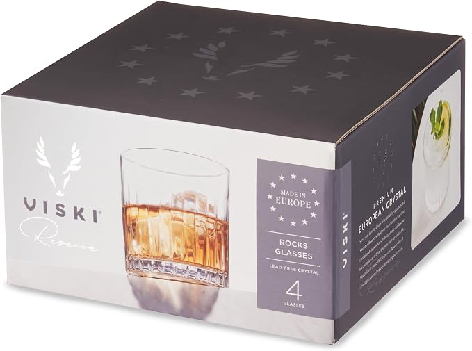 Viski Reserve Milo Crystal Old Fashioned Rocks Glasses, European Crafted Whiskey Glasses for Bourbon, Scotch, Cocktails, Barware Gifts for Men, Man Cave Essentials, Home Bar Glassware, 12 oz, Set of 4