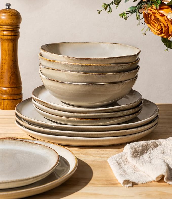 GBHOME Stoneware Dinnerware Sets for 6, 18 Pieces Rustic Earthenware Plates and Bowls Set, Handmade Reactive Glaze Ceramic Plate Sets, Chip Resistant Dishes, Microwave & Dishwasher Safe, Oatmeal Linen