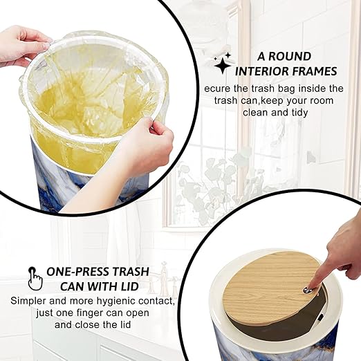 Trash Can with Lid abstract marble texture featuring rich navy blue white gray tones Press Top Round Small Garbage Bin with Wooden Legs Waste Basket for Kitchen Bedroom Nursery 7L/1.8 Gallon