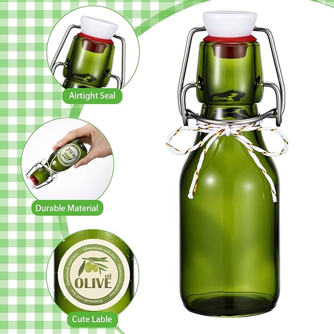 Queekay 20 Pack Mini Swing Top Glass Bottles for Vanilla Extract Homemade Olive Oil Bottles with Lids Airtight Cap Lids Labels for Wedding Baby Shower Favors(4 oz,Olive Green)