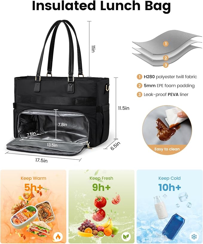 LOVEVOOK Lunch Bag, Tote Bag for Women with Insulated Lunch Compartment, Large Capacity Teacher Nurse Bag for Work with Large Cup Holder, Womens Crossbody Black Handbags fit 15.6 Inch Laptop, Gift