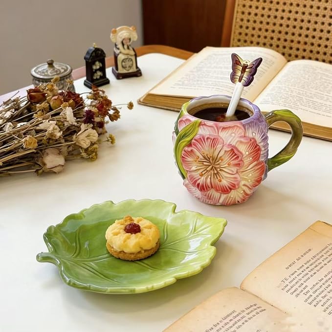 Floral Butterfly Ceramic Cup and Saucer Set - Cute Hand-Painted Sakura Flower Mug with Leaf Saucer and Spoon, Unique Tableware for Coffee/Tea Lovers