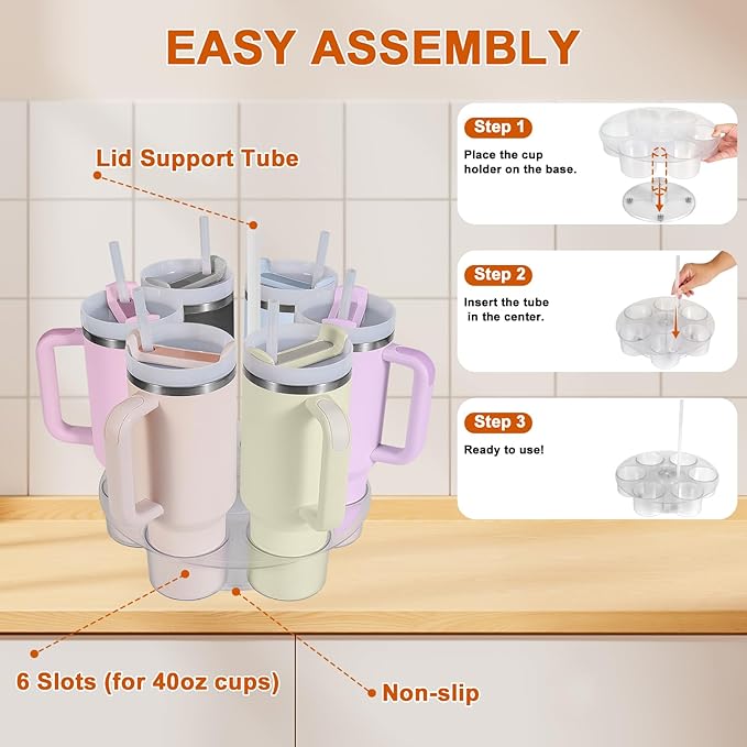 Aobiono Water Bottle Organizer for Stanley 40 oz Tumbler, Rotatable Cup Holder Stand 6 Slot Lazy Susan Spinning Carousel, Kitchen Cabinet Storage Accessories (Transparent)