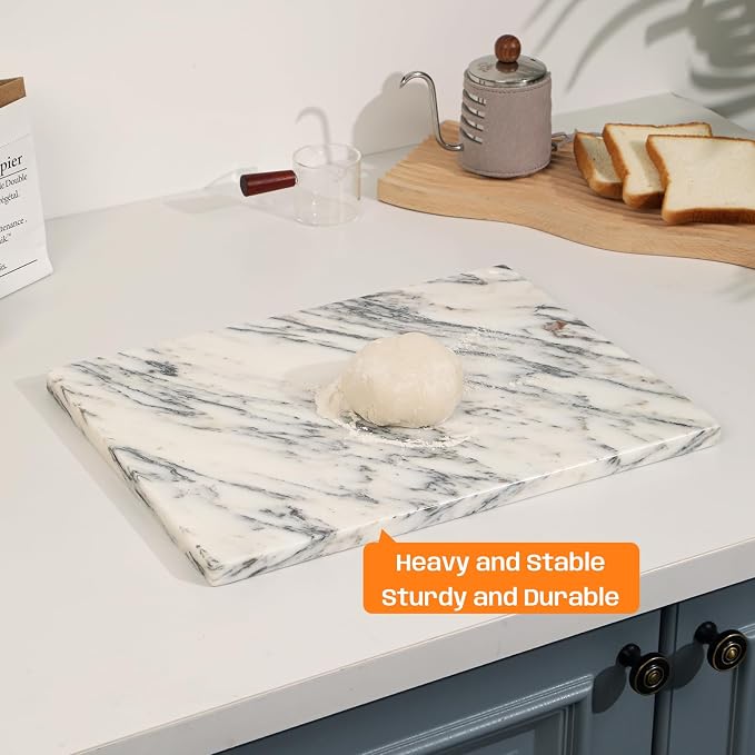 White Marble Cutting Board 12x16 Inch, Marble Board for Cheese Charcuterie | Marble Pastry Board Baking Essential Naturally Cool&Nonstick Perfect for Dough Heat Resistant Scratch Resistant Non-Slip Feet
