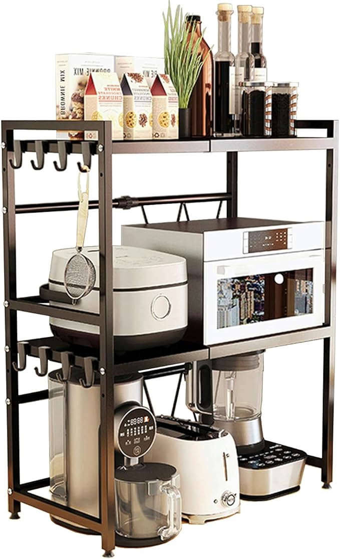 Expandable Microwave Stand Countertop, 3 Tier Heavy Duty Over Microwave Shelf Countertop with 8 Hooks,Height Adjustable Carbon Steel Microwave Oven Rack Shelf for Kitchen,Holds 132lb,Black