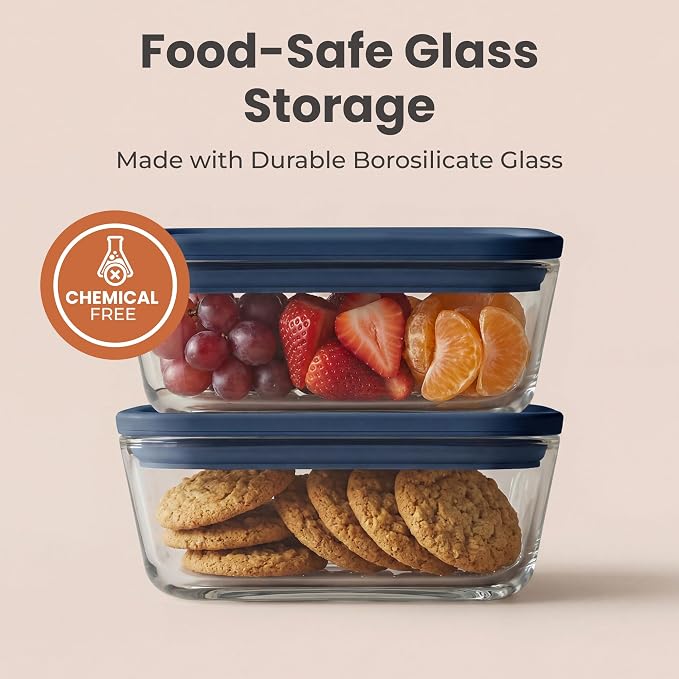 SMIRLY Glass Food Storage Containers with Lids Set, Borosilicate Glass Meal Prep Containers with Airtight Lids & Organizer, Stackable Glass Containers for Healthy Cooking, 5-Pack, Blue