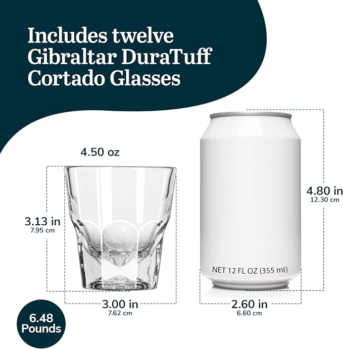 Libbey Gibraltar DuraTuff Drinking Glass Drinking Cup Set, Iconic Heavy Base Bar Glassware hick Drinking Glasses Set of 12, 4.5-Ounce Cortado Glasses