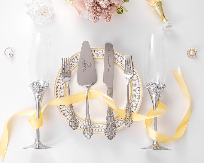 Wedding Cake Knife and Server Set, Heart Shaped Mr and Mrs Champagne Flutes with Cake Cutting Set for Wedding Bridal Shower Gifts (Silver)