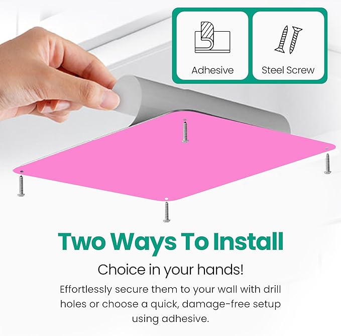 9 inches x 6.5 inches Stainless Steel Plate for Magnets, 3M Adhesive Back, Mounting Screws, Ideal for Magnetic Shelf, Spice Holders, Colorful Magnets as a Gift. Mount Anywhere! (Pink, 1 Pack)